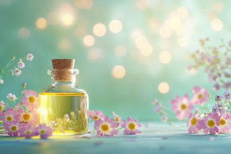 A glass bottle filled with essential oil rests among small pink and white flowers, creating a tranquil atmosphere.の写真素材