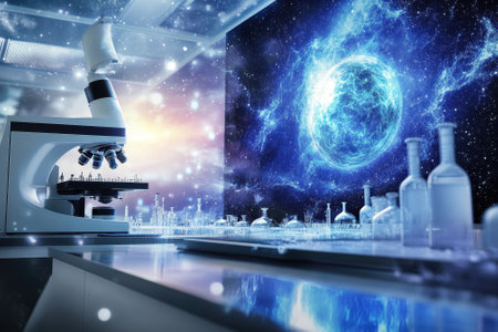 A modern laboratory features a high-tech microscope as cosmic visuals inspire scientific exploration and discovery.の写真素材