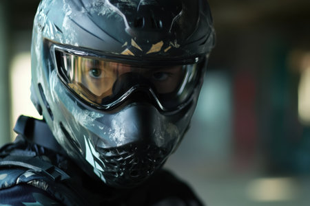 A young rider in a helmet and goggles prepares for a race, showing concentration and determination on the track.の写真素材
