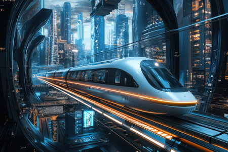 A sleek high-speed train glides through a vibrant cityscape illuminated by neon lights and towering buildings.の写真素材