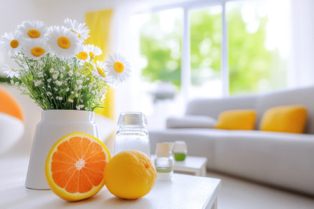 A cozy living room displays a vase of daisies and citrus fruits on a table, enhancing the lively ambiance.の写真素材