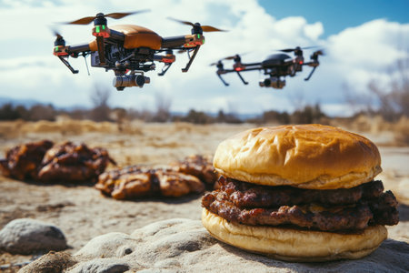 Drones fly overhead, capturing the cheeseburger and cookies resting on sunlit desert terrain.の写真素材