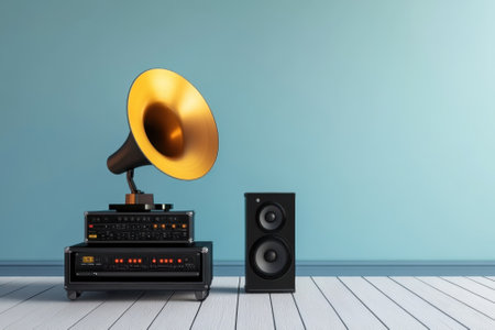 A vintage gramophone with a gold horn stands next to a modern speaker on a wooden floor against a blue wall.の写真素材