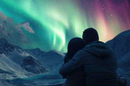 A couple sits closely together, admiring the vibrant aurora borealis illuminating the night sky above mountains.の写真素材