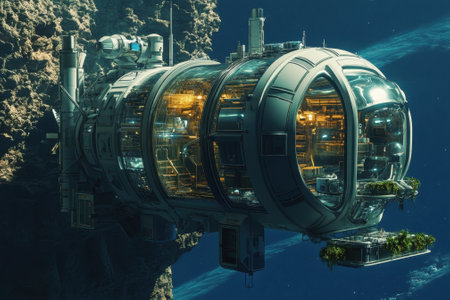 An impressive underwater structure features lush greenery, glowing interiors, and stunning ocean views.の写真素材