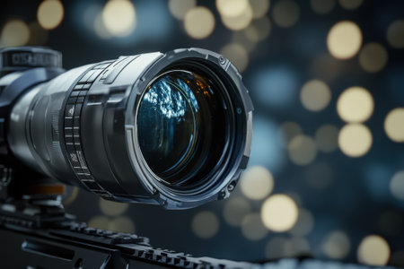 Close-up of a shiny camera lens with blurred lights in the background, creating a soft glow.の写真素材