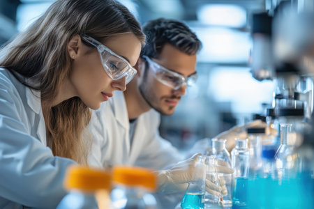 Two scientists wearing safety gear mix solutions in beakers while working in a modern lab environment.の写真素材