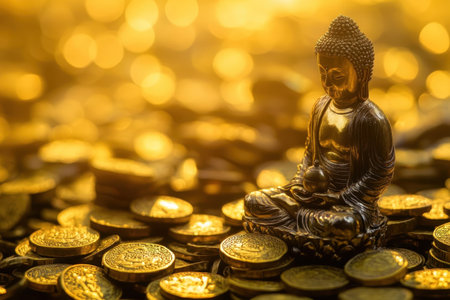 The Buddha statue sits peacefully among a pile of golden coins, representing tranquility and abundance.の素材