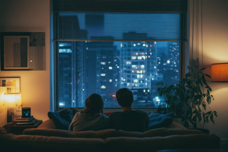 A couple relaxes on a sofa, looking out at a bustling city skyline at night, surrounded by soft lighting.の写真素材