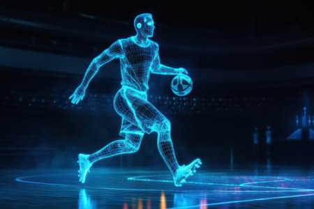 A basketball player depicted in a digital wireframe, sprinting with a ball under arena lights.の写真素材
