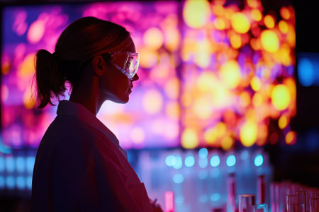 A scientist in protective goggles examines test tubes while vibrant lights create an atmospheric backdrop.の写真素材
