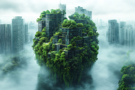 A vibrant cityscape features a floating structure enveloped in greenery, surrounded by skyscrapers in fog.の写真素材