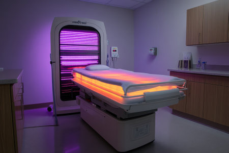 A UV therapy bed with vibrant lighting is set up in a contemporary treatment room designed for skin treatments.の写真素材