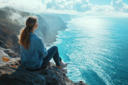 A woman sitting on a cliffside gazes at the ocean, mesmerized by the expansive view and bright sunlight.の写真素材