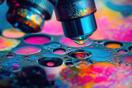 A close-up view shows vibrant, multicolored patterns beneath a microscope lens, exploring unique textures.の写真素材