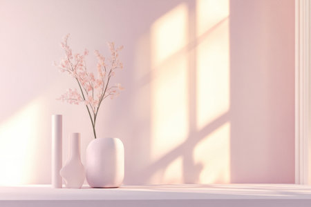 Soft pink flowers in a vase rest on a smooth surface, illuminated by gentle natural light in a calming space.の写真素材