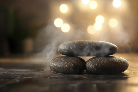 Black stones are stacked on each other, releasing steam in a tranquil, softly lit setting.の写真素材