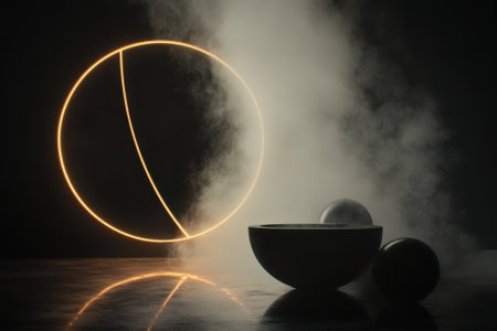 A dark setting featuring a glowing circle, a smooth bowl, and spheres surrounded by soft mist.の写真素材