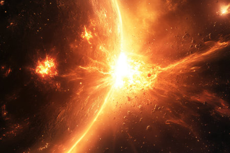 A stunning explosion occurs in the depths of space, showing bright colors and numerous celestial fragments.の写真素材