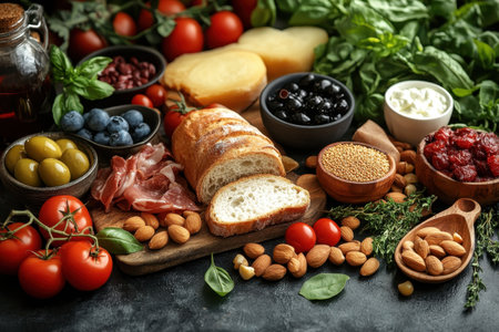 A vibrant assortment of fresh produce and ingredients arranged on a wooden table ready for cooking.の写真素材