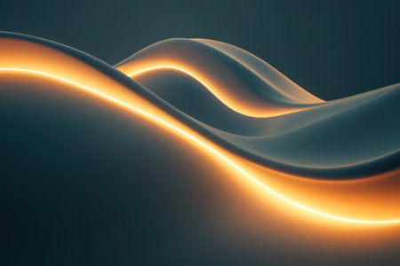 Flowing shapes with glowing edges present a captivating interplay of light and shadow in a dark environment.の写真素材