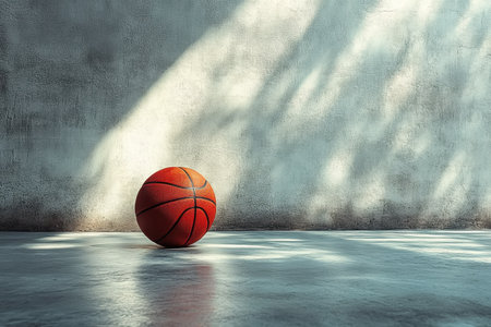 The bright basketball sits alone on the smooth floor, illuminated by gentle light creating soft shadows.の写真素材