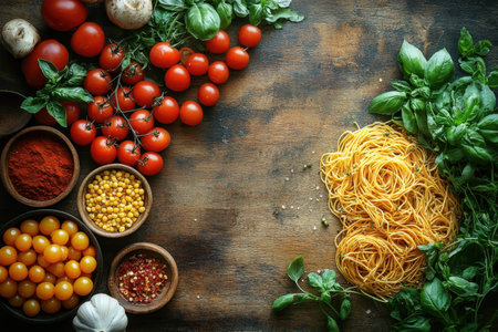 A variety of fresh vegetables, herbs, and spices are prepared alongside uncooked pasta on a rustic table.の写真素材