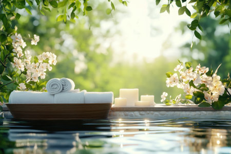 A serene spa area featuring towels, glowing candles, and blooming flowers near calm reflective water.の写真素材
