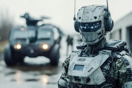A robotic soldier equipped with high-tech gear stands guard, while a tactical vehicle is parked nearby in bad weather.の写真素材