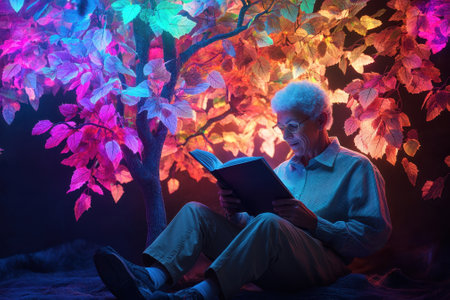 An older individual enjoys a book surrounded by vibrant, glowing leaves in a tranquil setting.の写真素材