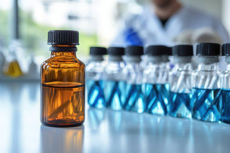 A researcher studies an amber bottle surrounded by several blue and clear liquid vials in a lab.の写真素材