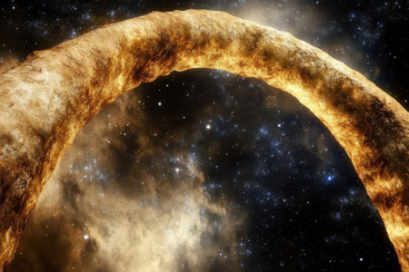An expansive arch made of glowing rock and fire stretches into the vast cosmos, surrounded by stars and clouds.の写真素材