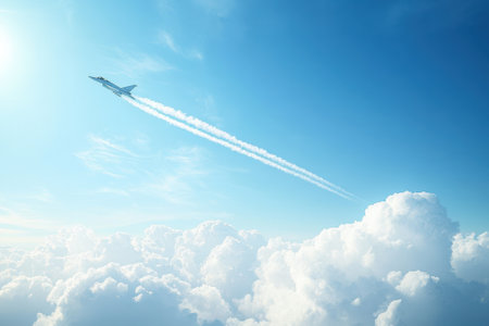 A jet soars through a clear blue sky, leaving a trail of vapor above soft white clouds in bright sunlight.の写真素材