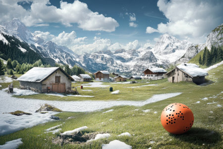 An orange ball sits in a snow-covered field among rustic alpine huts and majestic mountains under blue skies.の写真素材