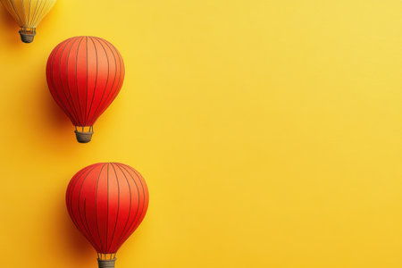 Three vibrant hot air balloons in red and yellow hover against a bold yellow backdrop, creating a lively atmosphere.の写真素材