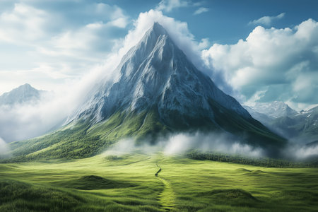 A striking mountain rises dramatically above rolling green hills, surrounded by clouds and serene nature.の写真素材
