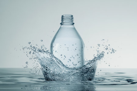 A clear plastic bottle emerges from water, creating splashes and ripples. The gentle colors evoke freshness.の写真素材