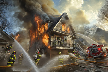 Firefighters actively combat a massive fire consuming a house, with smoke billowing against a clear sky.の写真素材