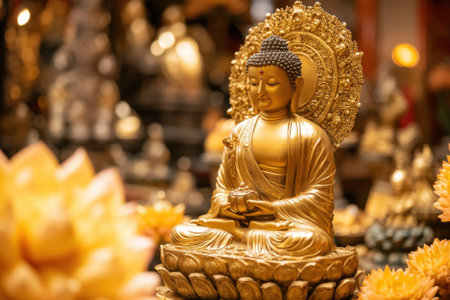 A beautifully detailed golden Buddha statue sits peacefully among vibrant flowers in a tranquil temple.の写真素材