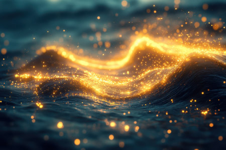Soft golden light glimmers on ocean waves during twilight, creating a magical and serene atmosphere.の写真素材