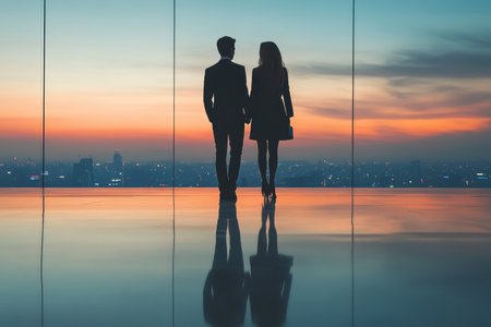 A couple stands hand in hand, silhouetted against a vibrant sunset over the city skyline.の写真素材