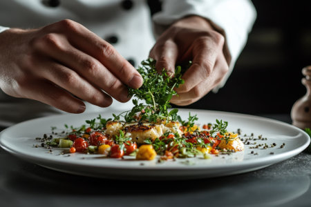 A chef carefully adds fresh herbs to a beautifully plated dish, enhancing its visual appeal in the kitchen.の写真素材