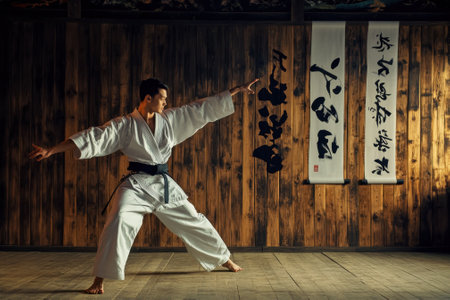 A martial artist demonstrates a stance in a dojo, showing skill and discipline against calligraphy decor.の写真素材