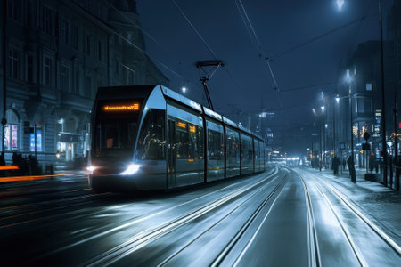 A sleek tram moves along glowing tracks in a lively urban setting under night skies.の写真素材