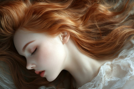 A serene young woman with long red hair lies peacefully in soft light, radiating tranquility.の写真素材