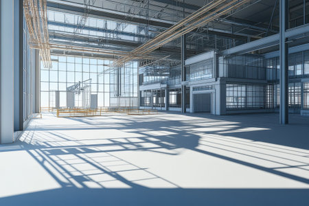 A spacious industrial interior features large windows allowing natural light and shadows.の写真素材