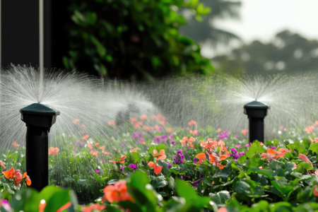 Sprinklers are watering colorful flowers in a garden on a bright afternoon, creating a refreshing atmosphere.の写真素材