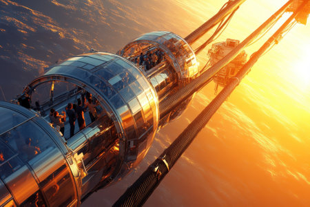 People gather in sleek observation pods suspended in space, enjoying a breathtaking sunset over Earth.の写真素材