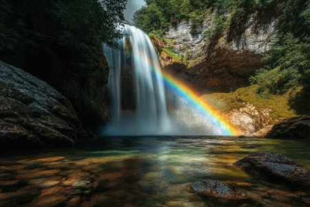 A stunning waterfall pours into a tranquil pool, creating a colorful rainbow under the lush forest canopy.の写真素材