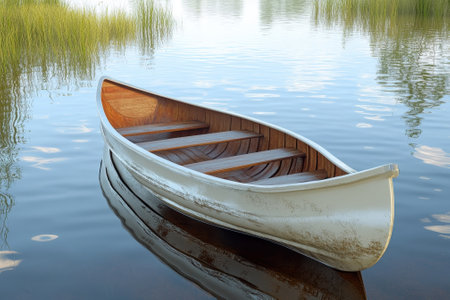 A wooden boat gently floats on calm water with lush green reeds reflecting in the serene environment.の写真素材